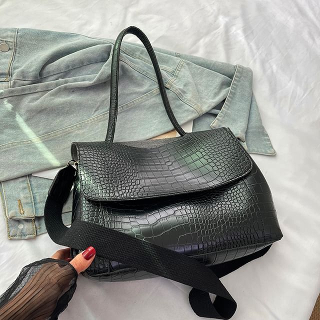 Faux Croc Leather Flap Shoulder Bag