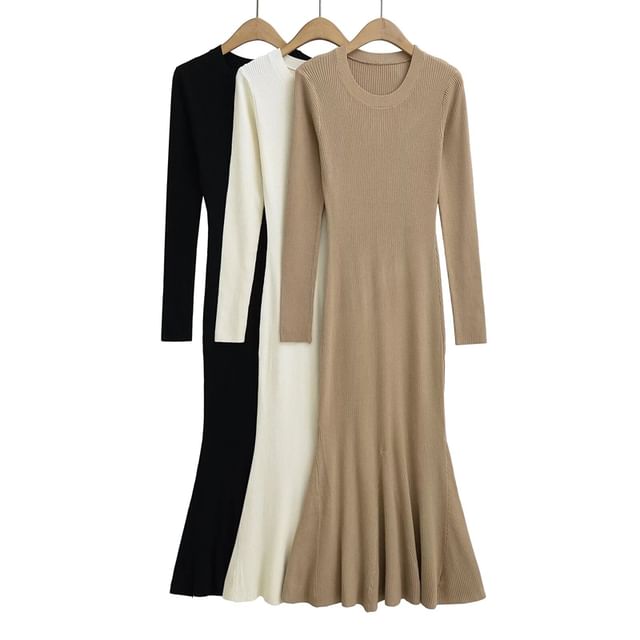 Crew Neck Long-Sleeved Knit Maxi Mermaid Dress
