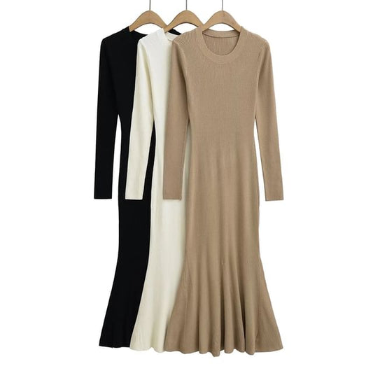 Crew Neck Long-Sleeved Knit Maxi Mermaid Dress