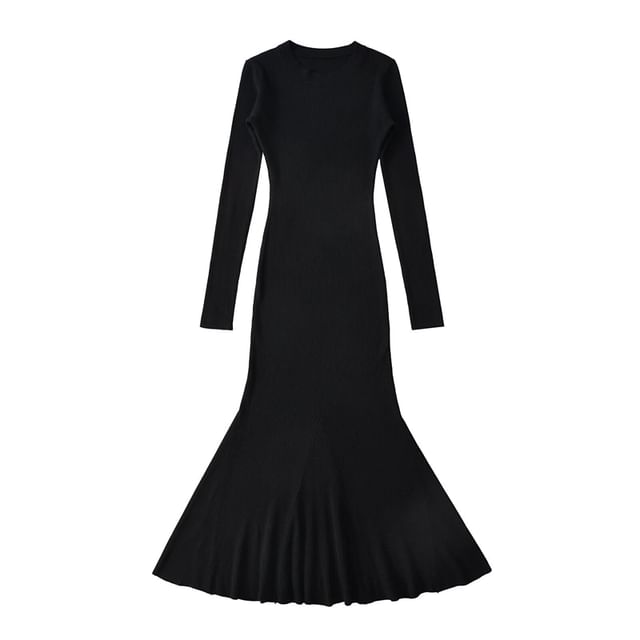 Crew Neck Long-Sleeved Knit Maxi Mermaid Dress