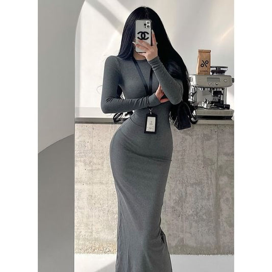 Crew Neck Long-Sleeved Plain Maxi Sheath Dress