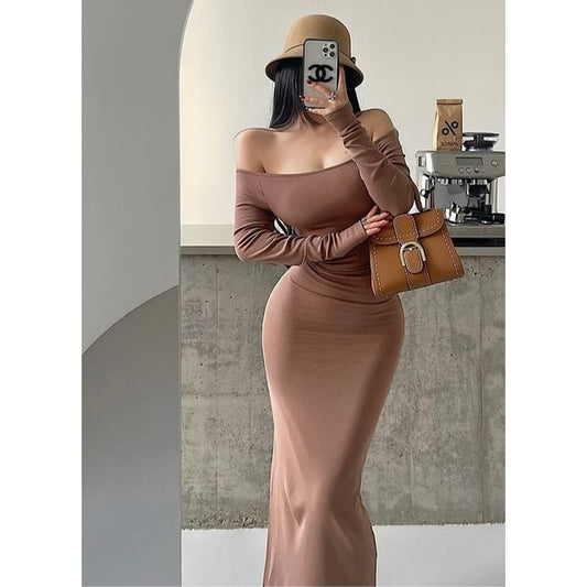 Off-Shoulder Long-Sleeved Plain Maxi Sheath Dress