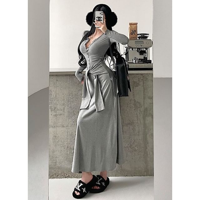 Henley Tie Waist Long-Sleeved Plain Maxi Sheath Dress