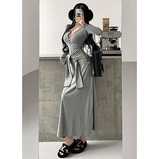Henley Tie Waist Long-Sleeved Plain Maxi Sheath Dress