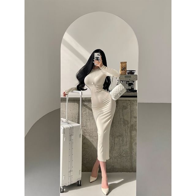 Crew Neck Long-Sleeved Plain Maxi Sheath Dress