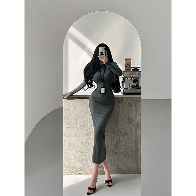 Crew Neck Long-Sleeved Plain Maxi Sheath Dress
