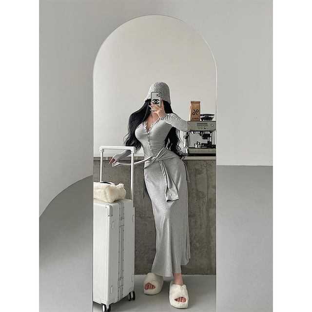 Henley Tie Waist Long-Sleeved Plain Maxi Sheath Dress