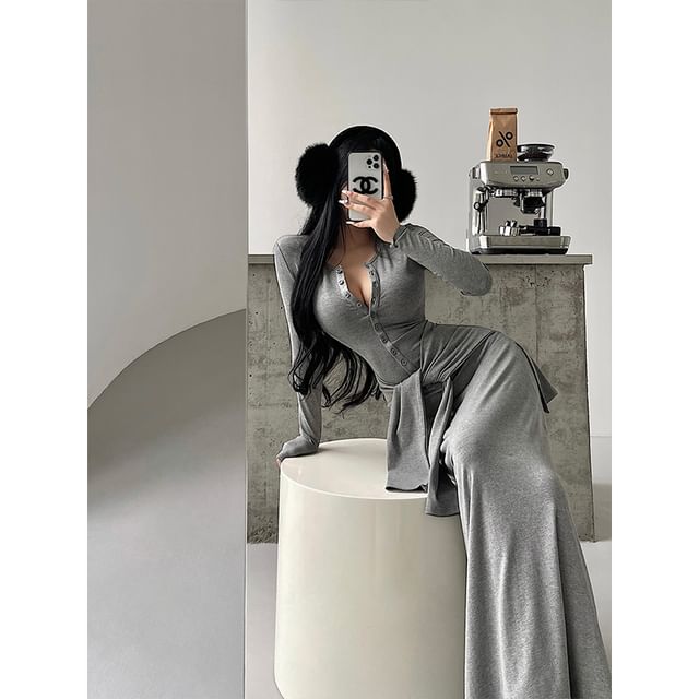 Henley Tie Waist Long-Sleeved Plain Maxi Sheath Dress