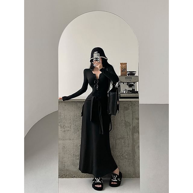Henley Tie Waist Long-Sleeved Plain Maxi Sheath Dress
