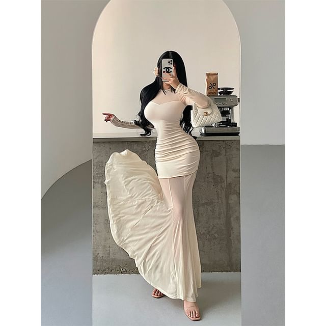 Crew Neck Mesh Panel Long-Sleeved Maxi Mermaid Dress