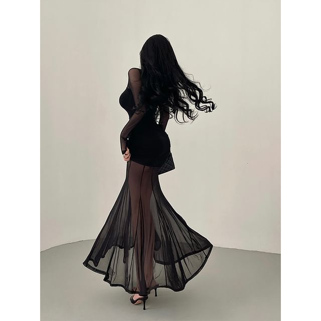 Crew Neck Mesh Panel Long-Sleeved Maxi Mermaid Dress