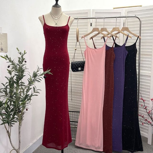 Glitter Maxi Sheath Dress - Thin Strap