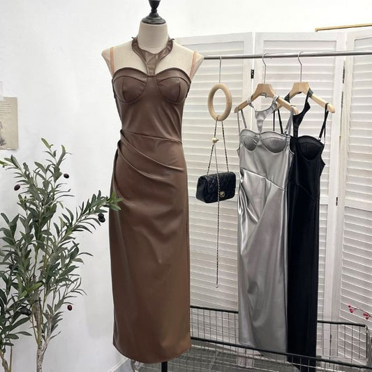 Halter Faux Leather Midi Sheath Dress with Slit