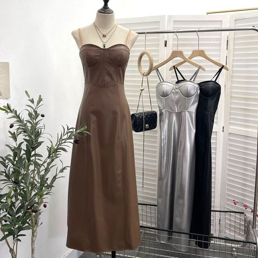 Faux Leather Midi A-Line Dress - Thin Strap