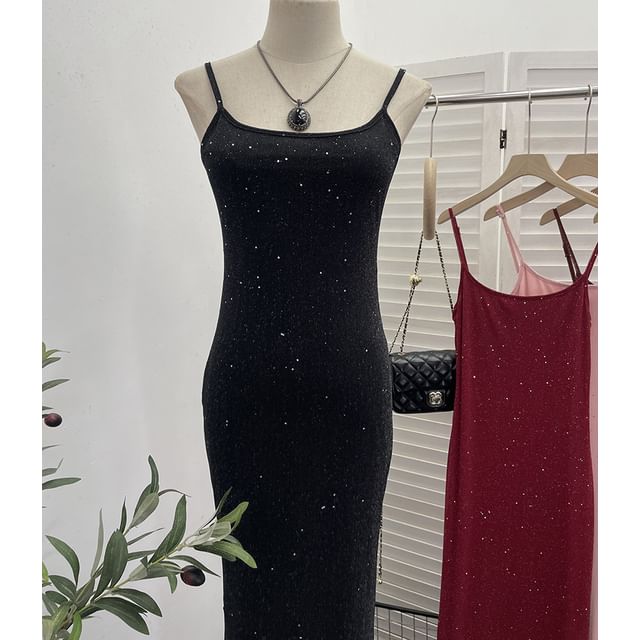 Glitter Maxi Sheath Dress - Thin Strap