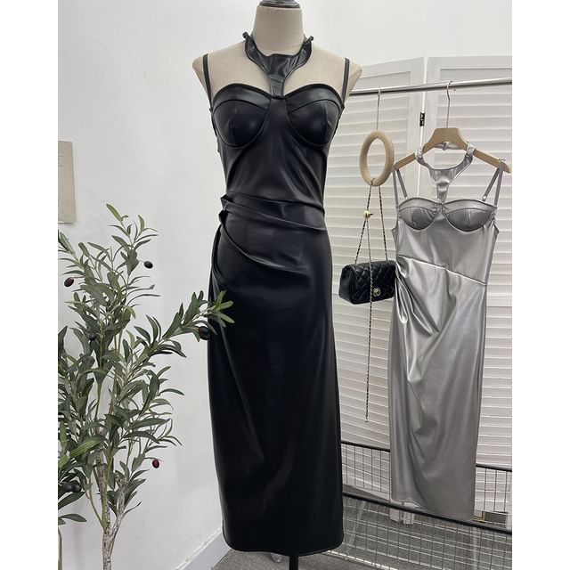 Halter Faux Leather Midi Sheath Dress with Slit