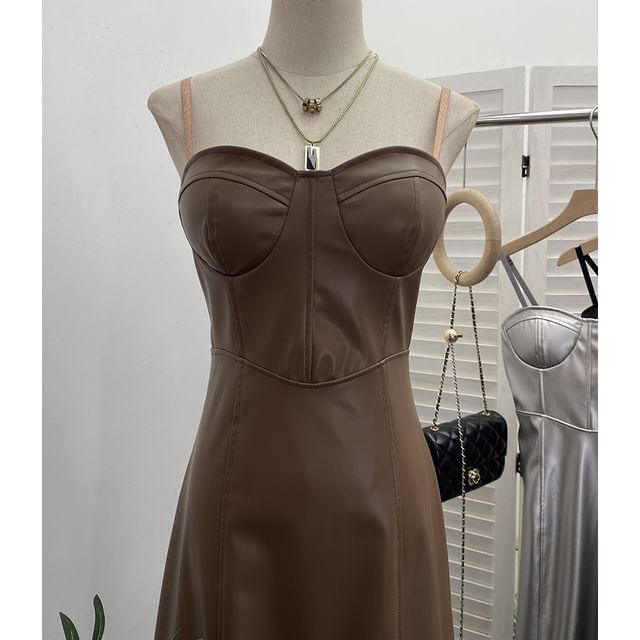 Faux Leather Midi A-Line Dress - Thin Strap