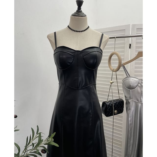 Faux Leather Midi A-Line Dress - Thin Strap