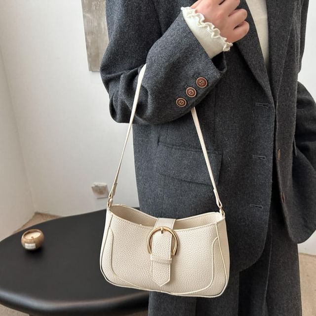 Faux Leather Plain Buckled Shoulder Bag