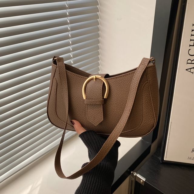 Faux Leather Plain Buckled Shoulder Bag