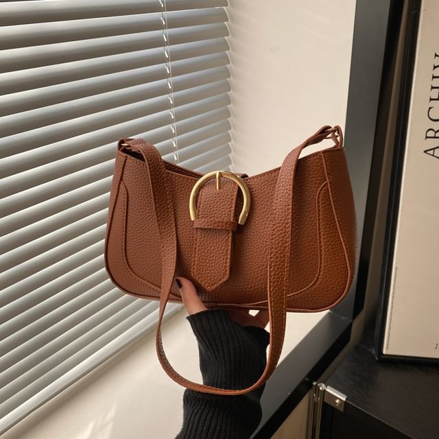 Faux Leather Plain Buckled Shoulder Bag