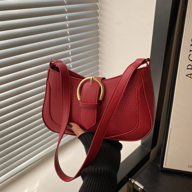 Faux Leather Plain Buckled Shoulder Bag