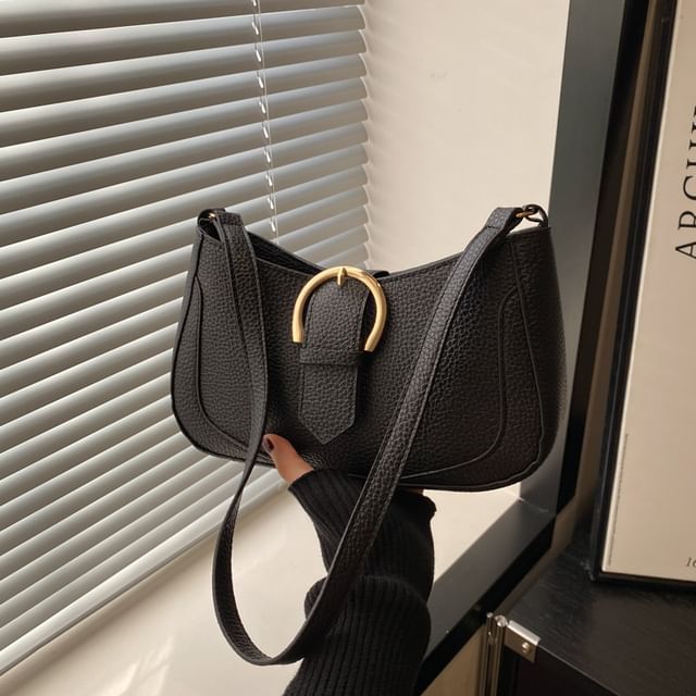 Faux Leather Plain Buckled Shoulder Bag