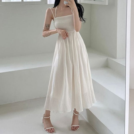 Gathered Maxi A-Line Dress with Thin Straps
