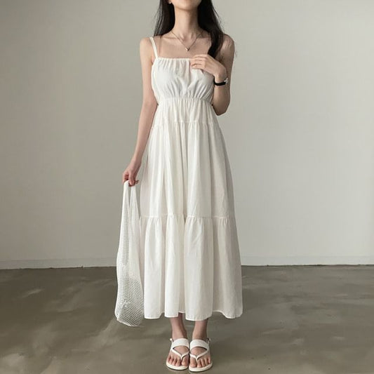 Paneled Maxi A-Line Dress with Thin Straps