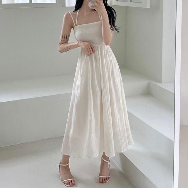 Gathered Maxi A-Line Dress with Thin Straps