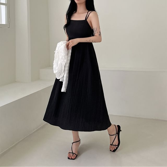 Gathered Maxi A-Line Dress with Thin Straps