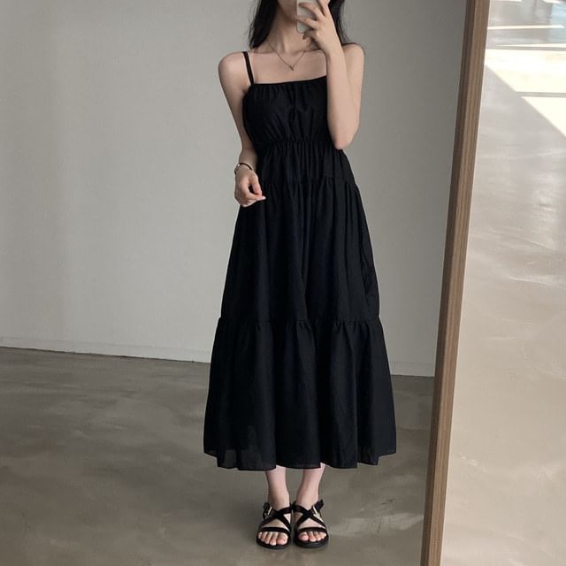 Paneled Maxi A-Line Dress with Thin Straps