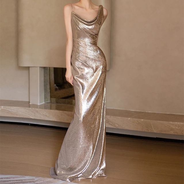 Asymmetric Sequined Mermaid Evening Gown - Thin Strap