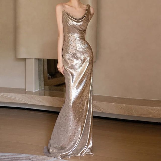 Asymmetric Sequined Mermaid Evening Gown - Thin Strap