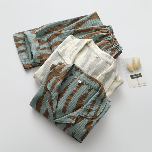 Couple Matching Pajama Set: Long-Sleeve Lapel Collar Zebra Print Button-Up Top + Pants (Various Designs)