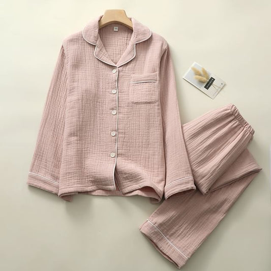 Couple Matching Pajama Set: Long-Sleeve Lapel Collar Houndstooth Button-Up Top + Pants (Various Designs)