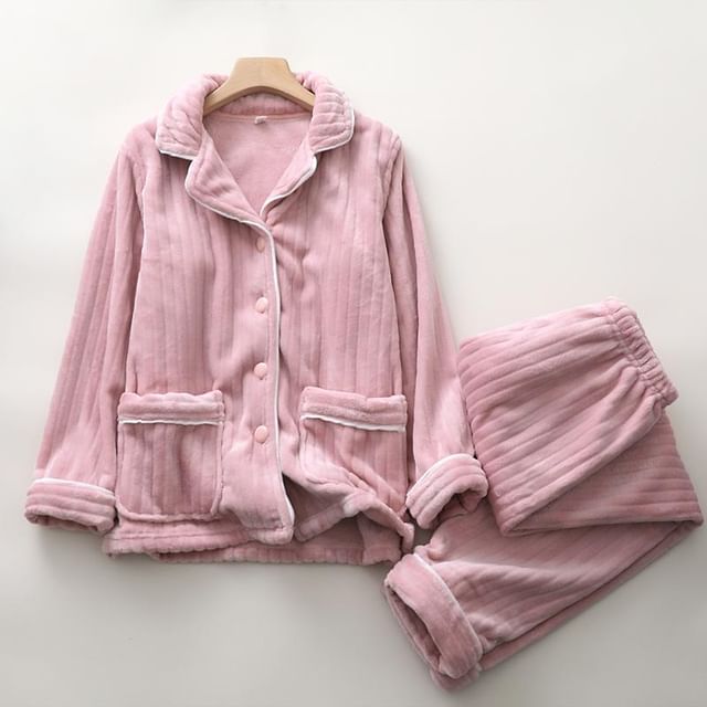 Couple Matching Pajama Set: Long-Sleeve Lapel Collar Contrast Trim Button-Up Fleece Top + Pants (Various Designs)