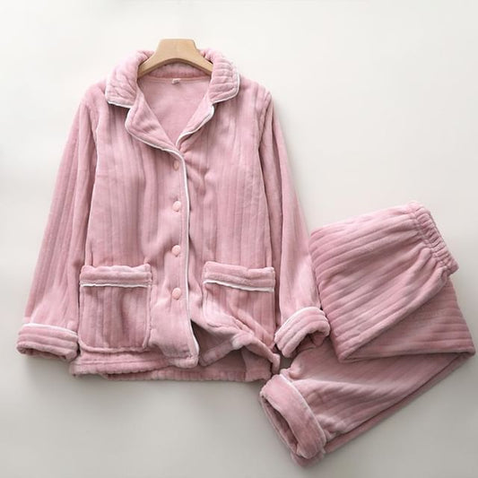 Couple Matching Pajama Set: Long-Sleeve Lapel Collar Contrast Trim Button-Up Fleece Top + Pants (Various Designs)