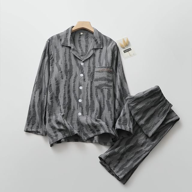 Couple Matching Pajama Set: Long-Sleeve Lapel Collar Zebra Print Button-Up Top + Pants (Various Designs)