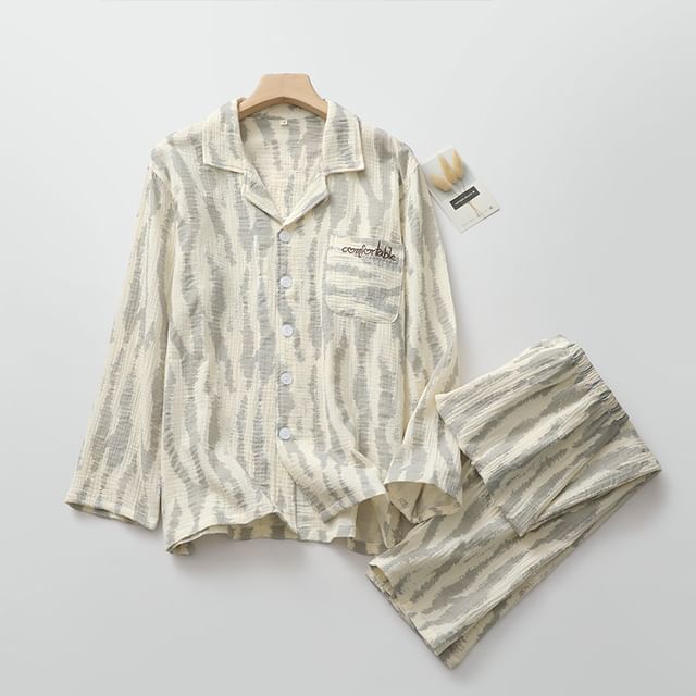 Couple Matching Pajama Set: Long-Sleeve Lapel Collar Zebra Print Button-Up Top + Pants (Various Designs)