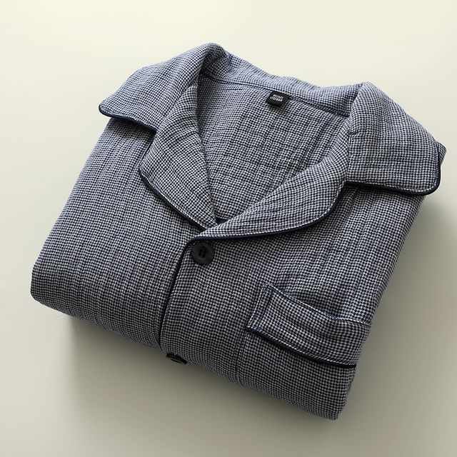 Couple Matching Pajama Set: Long-Sleeve Lapel Collar Houndstooth Button-Up Top + Pants (Various Designs)