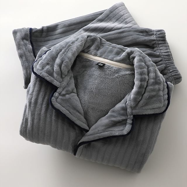 Couple Matching Pajama Set: Long-Sleeve Lapel Collar Contrast Trim Button-Up Fleece Top + Pants (Various Designs)