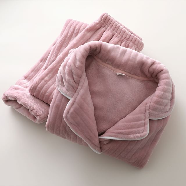 Couple Matching Pajama Set: Long-Sleeve Lapel Collar Contrast Trim Button-Up Fleece Top + Pants (Various Designs)