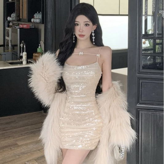 Sequin Ruched Mini Bodycon Dress - Thin Strap