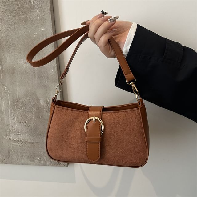 Buckled Panel Faux Suede Shoulder Bag