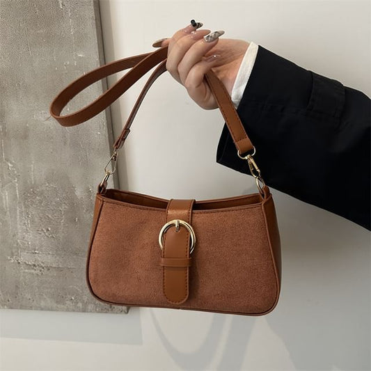 Buckled Panel Faux Suede Shoulder Bag