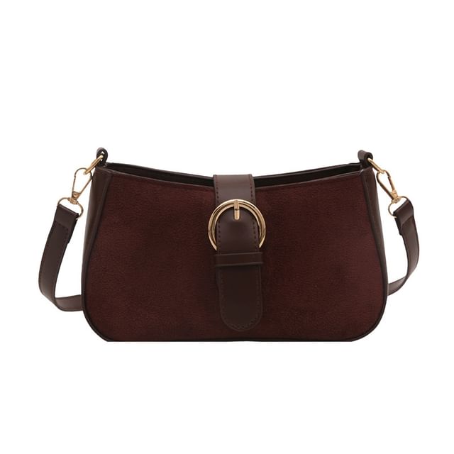 Buckled Panel Faux Suede Shoulder Bag