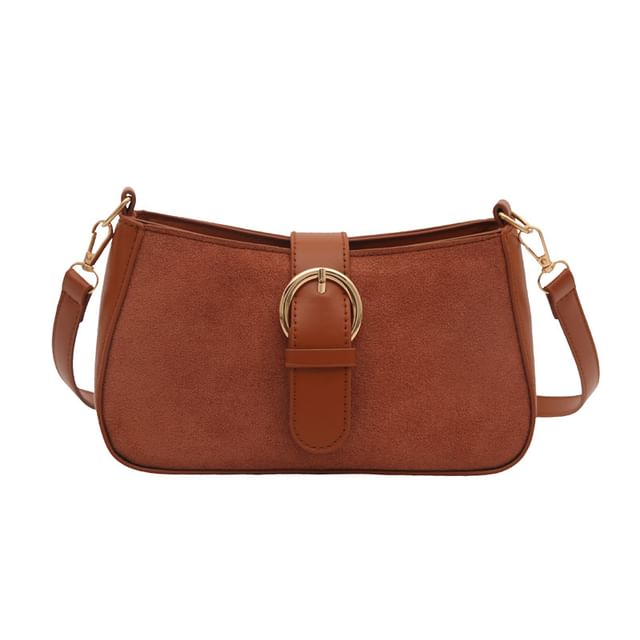 Buckled Panel Faux Suede Shoulder Bag