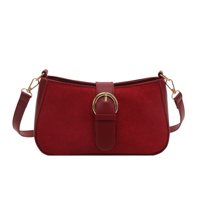 Buckled Panel Faux Suede Shoulder Bag