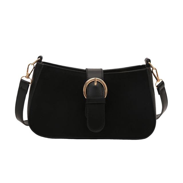 Buckled Panel Faux Suede Shoulder Bag